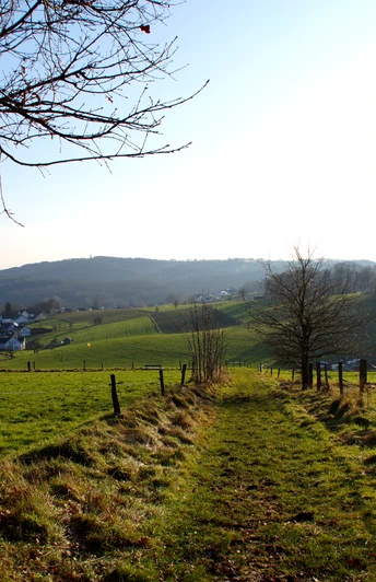 Haferspanienroute durch die Felder Weite Wiesenlandschaft bei Sonnenuntergang, mit Sicht auf ein Dorf und sanfte Hügel im Hintergrund.