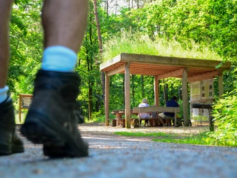Wanderer am Schutzdach an der Emsquelle in Schloß Holte-Stukenbrock Wanderer am Schutzdach an der Emsquelle in Schloß Holte-Stukenbrock