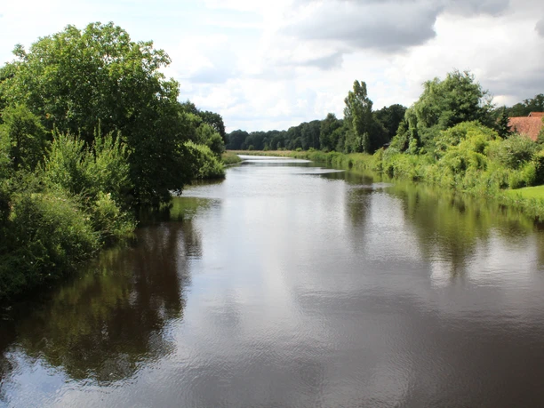 Fluss in einer grünen Landschaft, begrenzt von üppigen Bäumen und einem klaren, teils wolkigen Himmel.