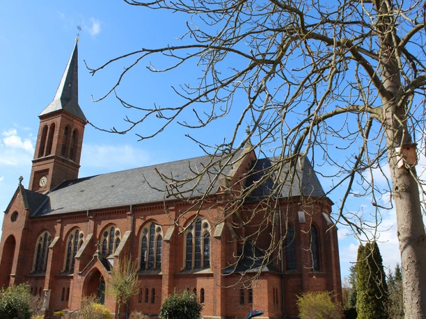 Kirche Thedinghausen Backsteinkirche in Thedinghausen mit imposantem Turm und gotischen Fenstern, umgeben von Bäumen.