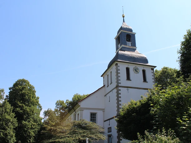 Historische Backsteinkirche mit schiefergedecktem Turm inmitten grüner Bäume bei strahlendem Himmel.