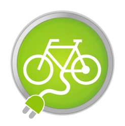 Symbol für eine Fahrradladestation: Ein weißes Fahrrad mit Stecker auf grünem Hintergrund in einem Kreis.