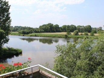 Hotel Weserschlößchen Nienburg Flusslandschaft mit grünen Ufern und Bäumen, vereinzelt roten Blumen im Vordergrund, leichte Bewölkung.