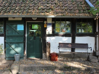 Storchenmuseum Windheim Traditionelles Fachwerkhaus mit grünem Tor, Sitzbank und Herbstlaub auf dem Boden.