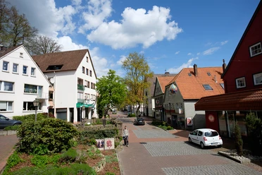 Blick auf die Innenstadt, links ein Beet mit Büschen, in der Mitte der Fußweg und rechts Geschäfte