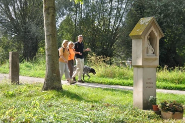 Wanderer im Schloss- und Auenpark Drei Personen spazieren fröhlich durch einen grünen Parkweg, begleitet von einem Hund.
