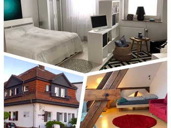 Nähcafe Nienburg Drei Bilder in einem Montagerahmen, zeigen von links oben im Uhrzeigersinn ein helles Schlafzimmer mit einem Doppelbett, einen roten Fachwerkbau und ein Dachgeschosszimmer mit Holzbalken und roten Möbeln.