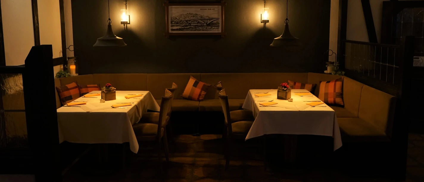 Restaurant Bonneberger Hof Ein stilvoll eingerichteter Innenbereich eines Restaurants mit sanfter Beleuchtung und gedeckten Tischen.
