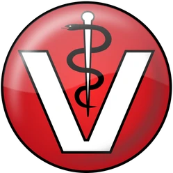 A red sign with a white V and a black snake