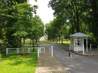 Eine lange, von Bäumen gesäumte Allee führt zum eleganten Eingang des Gräflichen Parks Bad Driburg.