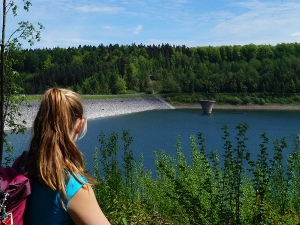 Ausblick auf die Aabach-Talsperre Blick auf die Aabach-Talsperre mit Staudamm, umgeben von dichten, grünen Wäldern und blauem Himmel.