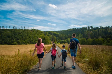 Familie auf der Schützenwiese Eine Familie spaziert auf einem Weg in einer offenen Wiese, umgeben von grünen Wäldern.