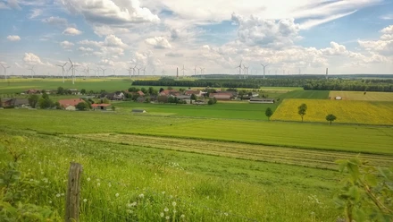 Ländliche Szene des Elisenhofs mit Windrädern im Hintergrund und weitem grünem Feld im Vordergrund.