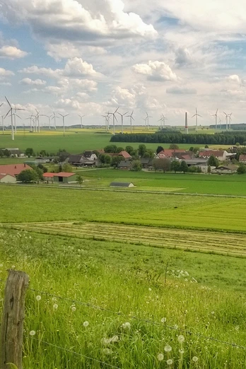 Ortsansicht Elisenhof Ländliche Szene des Elisenhofs mit Windrädern im Hintergrund und weitem grünem Feld im Vordergrund.