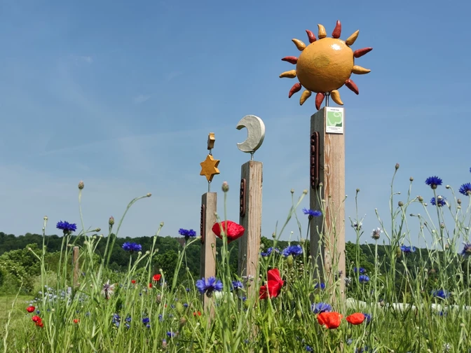 Verschiedene bunte Skulpturen ragen aus einem Feld mit blühenden Mohn- und Kornblumen empor.