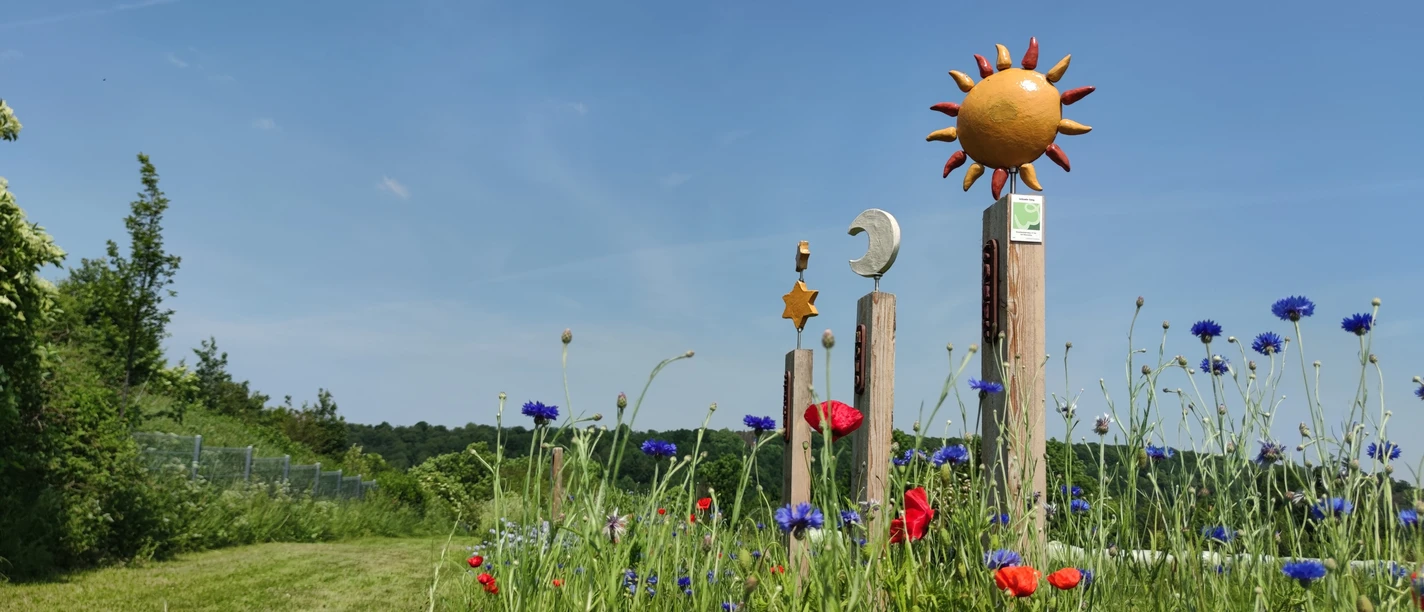 Skulpturen an Tor zum Sauerland Verschiedene bunte Skulpturen ragen aus einem Feld mit blühenden Mohn- und Kornblumen empor.