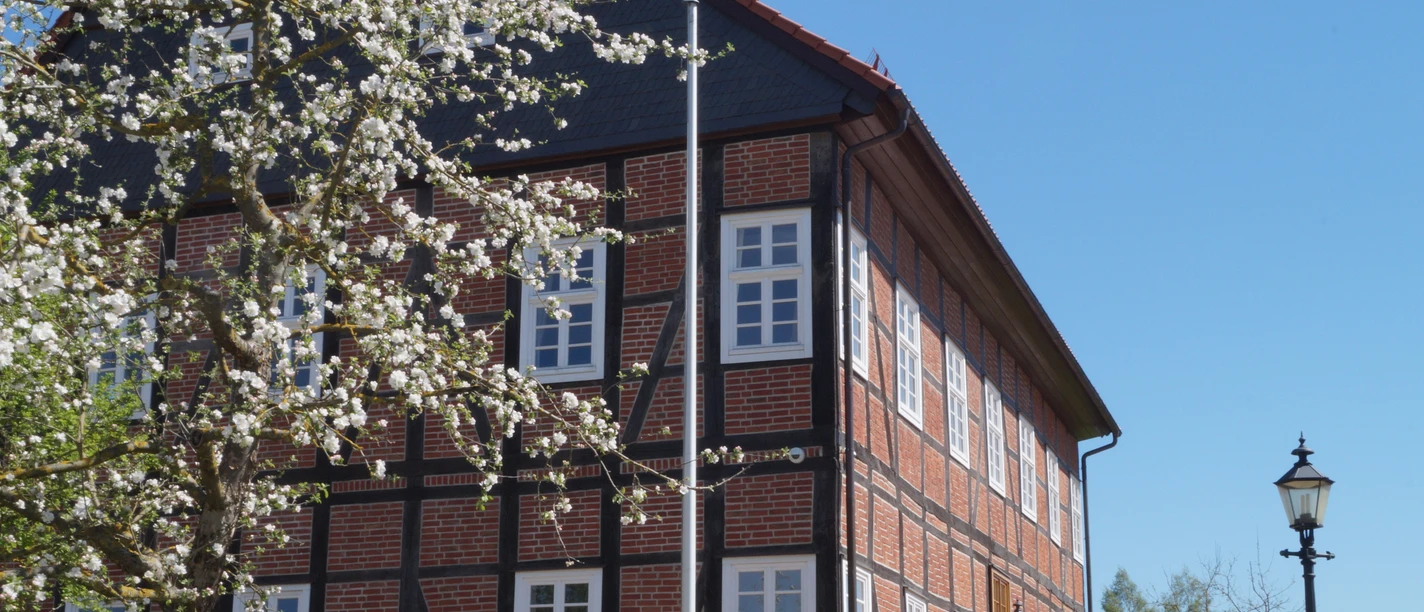 Der historische Spanckenhof Backsteingebäude mit Fachwerkstruktur und blühendem Baum im Vordergrund unter blauem Himmel.