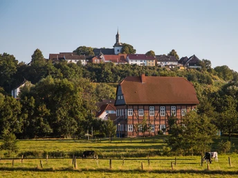 Blick auf Bad Wünnenberg mit Fachwerkhaus im Vordergrund und Kirchturm auf dem Hügel im Hintergrund.