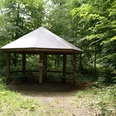 Wanderpilz südlich von Brakel-Istrup Ein hölzerner Unterstand mit achteckigem Dach, umgeben von dichtem, grünem Wald bei Brakel-Istrup.