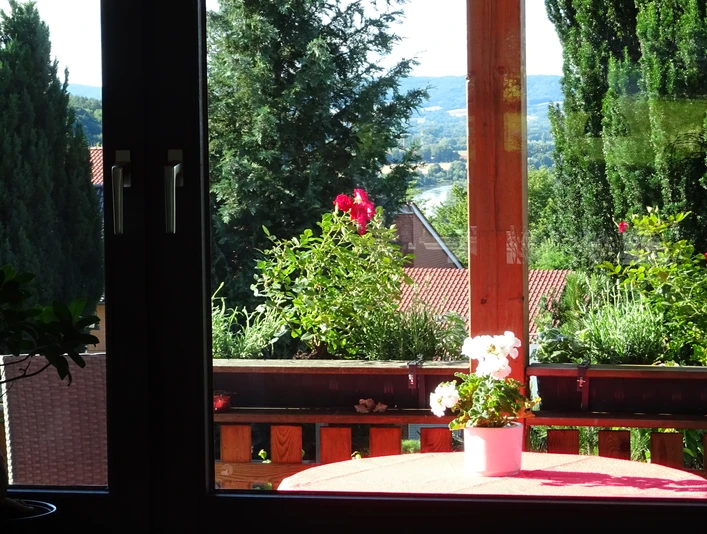 Aussicht Ferienwohnung Jakobs Blick durch ein Fenster auf farbenprächtige Blumen, Wälder und ferne Hügel einer weitläufigen Landschaft.