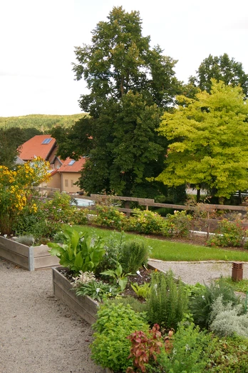 Verschlungene Kieswege führen durch den blühenden Sinnesgarten, umgeben von Bäumen und Hochbeeten.
