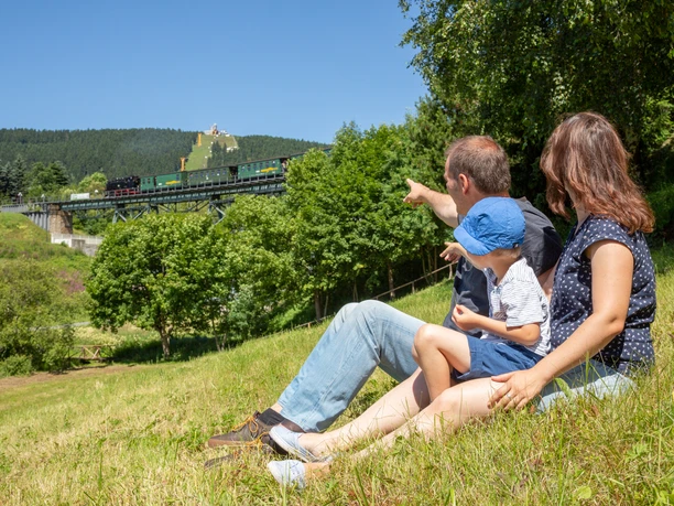 Fichtelbergbahn Eine Familie sitzt auf einer Wiese, beobachtet die vorbeifahrende Fichtelbergbahn.