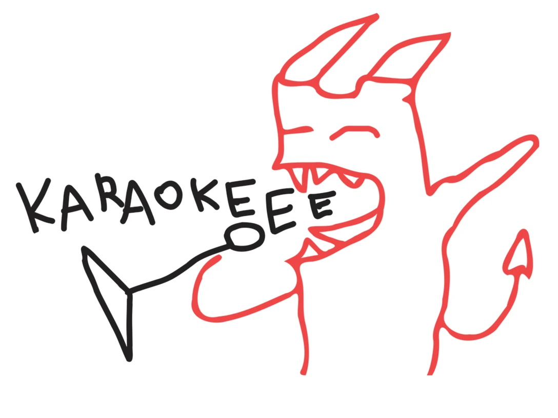 karaoke männchen.jpg Ein rotes Comic-Männchen mit Hörnern und Schwanz singt enthusiastisch Karaoke in ein Mikrofon.