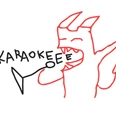 karaoke männchen.jpg Ein rotes Comic-Männchen mit Hörnern und Schwanz singt enthusiastisch Karaoke in ein Mikrofon.