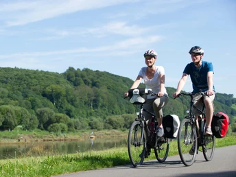 Zwei Personen radeln auf einem Fahrradweg entlang der Weser, umgeben von üppigen, grünen Wäldern.