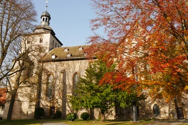 Der Eggedom in Neuenheerse umgeben von herbstlich gefärbten Bäumen und unter klarem Himmel.