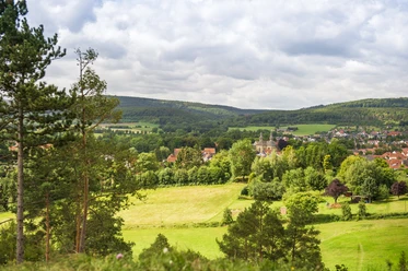 Blick aufs Schloss Willebadessen Blick auf Schloss Willebadessen inmitten grüner Landschaft, umgeben von bewaldeten Hügeln und Feldern.