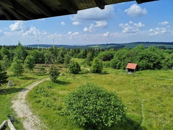 Blick vom Eggeturm Blick vom Eggeturm auf eine grüne Landschaft mit Wanderwegen, Bäumen und mehreren Windrädern am Horizont.