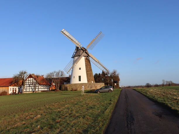 Windmühle Eickhorst, eine historische Windmühle in norddeutscher Landschaft, umgeben von Feldern.