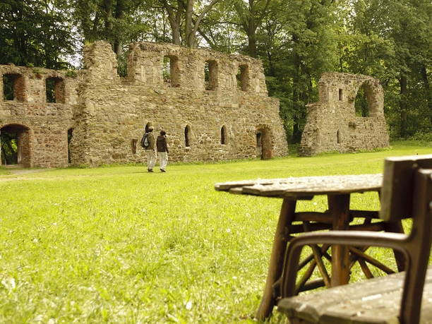 Lutherweg Kloster Nimbschen Ruinen des historischen Klosters Nimbschen in grüner Landschaft, zwei Personen spazieren.
