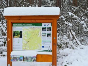 Ein verschneiter Wanderwegweiser im Furlbachtal in einem winterlichen Wald bei Schloss Holte-Stukenbrock.