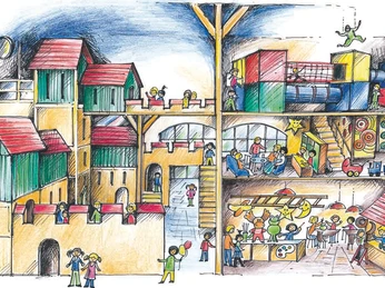 Stockhausen Zeichnung innen Zeichnung eines zweistöckigen Spielbereichs mit bunten Röhren, Kletterwänden und fröhlichen Kindern.Drawing of a two-story play area with colorful tubes, climbing walls and happy children.Kresba dvoupatrového hřiště s barevnými trubkami, lezeckými stěnami a šťastnými dětmi.Rysunek dwupoziomowego placu zabaw z kolorowymi rurami, ściankami wspinaczkowymi i szczęśliwymi dziećmi.Tekening van een speeltuin met twee verdiepingen, kleurrijke buizen, klimmuren en blije kinderen.Disegno di un'area giochi a due piani con tubi colorati, pareti di arrampicata e bambini felici.