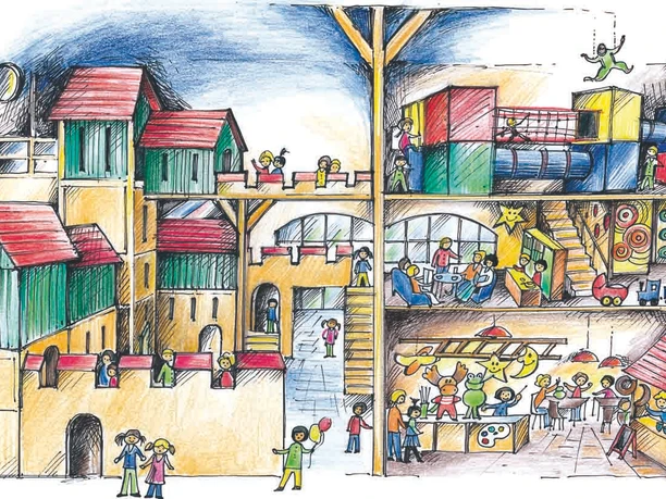 Stockhausen Zeichnung innen Zeichnung eines zweistöckigen Spielbereichs mit bunten Röhren, Kletterwänden und fröhlichen Kindern.