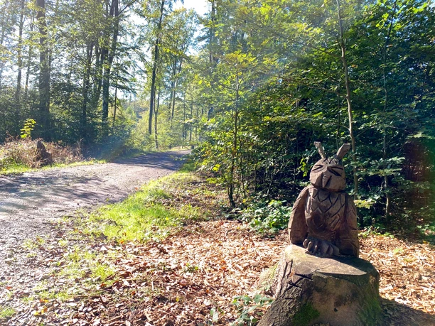 3 TürmeWEG_Holzeule.jpeg Eine Holzskulptur einer Eule sitzt auf einem Baumstumpf, umgeben von Wald und einem nahegelegenen Weg.