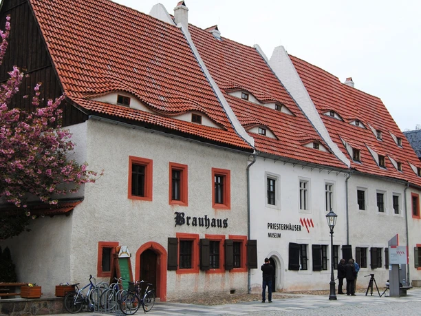 Priesterhaeuser in Zwickau Historische Priesterhäuser in Zwickau, mit roten Dächern und blühendem Baum im Vordergrund.