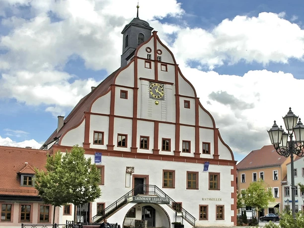 Grimma Rathaus und Markt Rathaus mit historischem Giebel und Uhr, umgeben von Marktständen und Bäumen in Grimma.