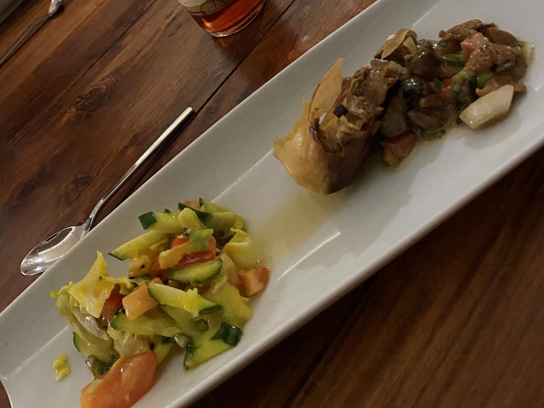 Vorspeisenteller Ein rechteckiger Teller präsentiert bunte Gemüsemischung und herzhafte Fleischröllchen auf Holzoptik.A rectangular plate presents a colorful mix of vegetables and hearty meat rolls on a wooden surface.En rektangulær tallerken præsenterer en farverig blanding af grøntsager og solide kødruller på en træoverflade.Een rechthoekig bord presenteert een kleurrijke mix van groenten en stevige vleesrolletjes op een houten oppervlak.