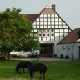 haus-hansen.jpg Fachwerkhaus mit spitzem Giebel, umgeben von grüner Wiese, auf der zwei Pferde grasen.