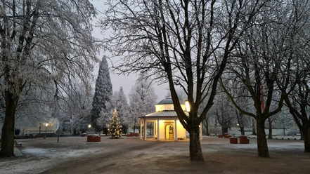 Brunnentempel Weihnachten Ein schneebedeckter Winterbrunnen umgeben von leuchtenden Bäumen und einem dekorierten Weihnachtsbaum.