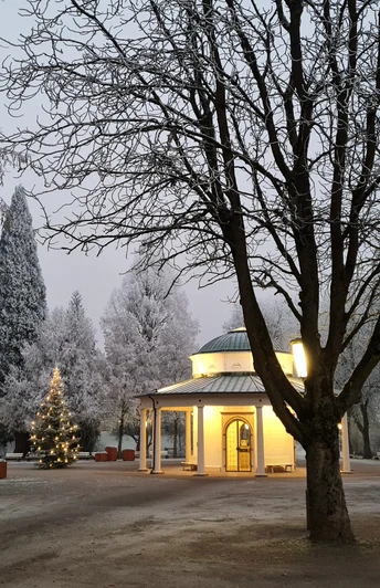 Brunnentempel Weihnachten Ein schneebedeckter Winterbrunnen umgeben von leuchtenden Bäumen und einem dekorierten Weihnachtsbaum.