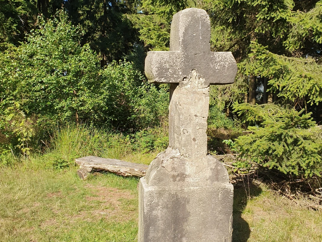 Feldromer Kreuz.jpg Altes Steinkreuz auf einer Wiese, umgeben von Bäumen und Pflanzen, mit sichtbarer Verwitterung.