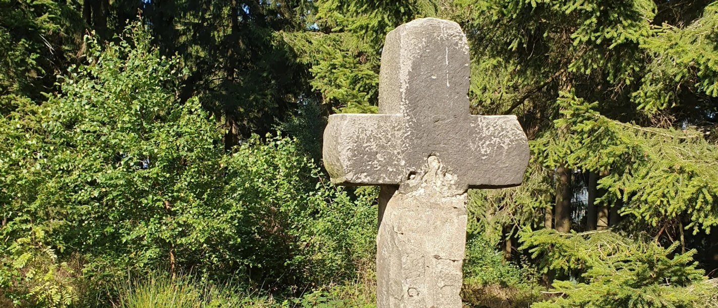 Feldromer Kreuz.jpg Altes Steinkreuz auf einer Wiese, umgeben von Bäumen und Pflanzen, mit sichtbarer Verwitterung.