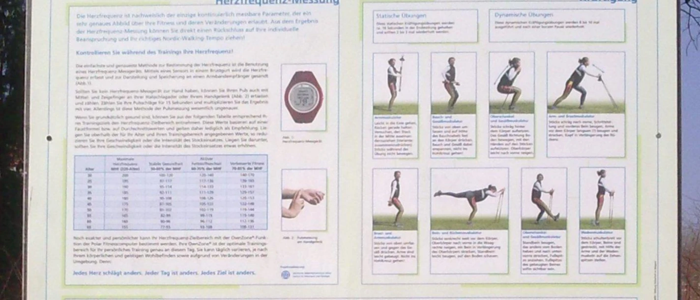 Infotafel zur Herzfrequenz und Kräftigung.png Infotafel im Freien über Herzfrequenzmessung und Kräftigungsübungen mit Bildern und Texten.