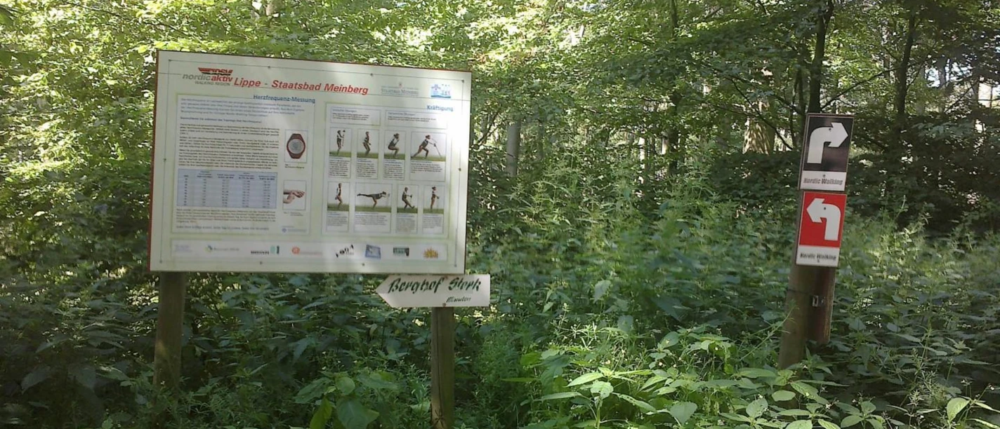 Eine Infotafel im Wald informiert über Herzfrequenz und Kräftigungsübungen bei schöner Tageslicht.