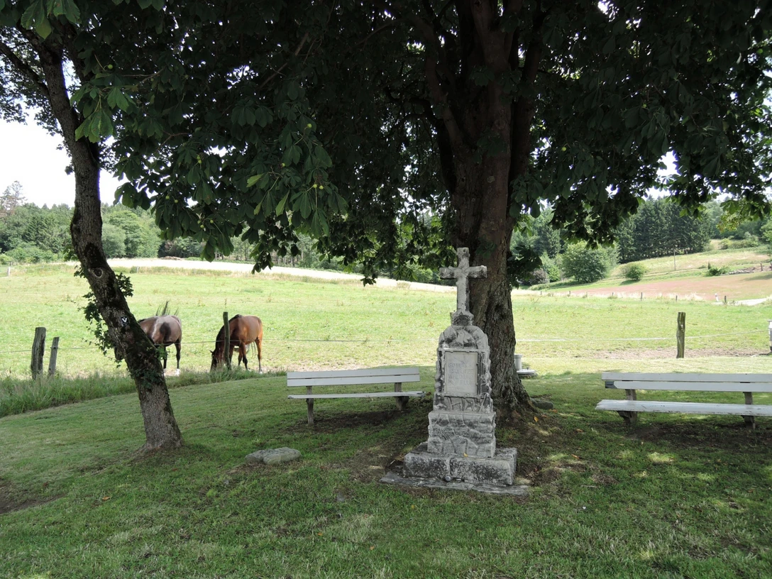 Steinernes Kreuz unter Kastanie auf Wiese, Pferde grasen. Bänke laden zur Rast im Grünen ein.