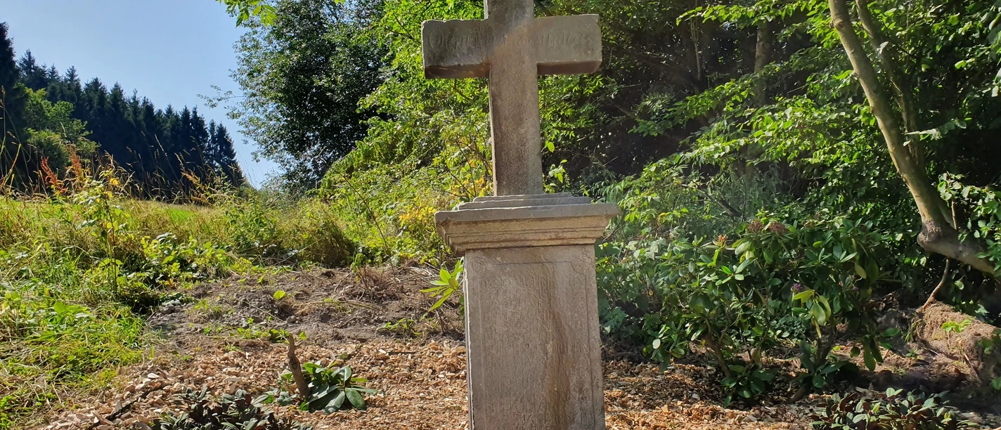 Kreuz am Bickelberg Steinernes Kreuz auf einer Anhöhe umgeben von Bäumen und Grün, mit Lichtspiel der Sonne.